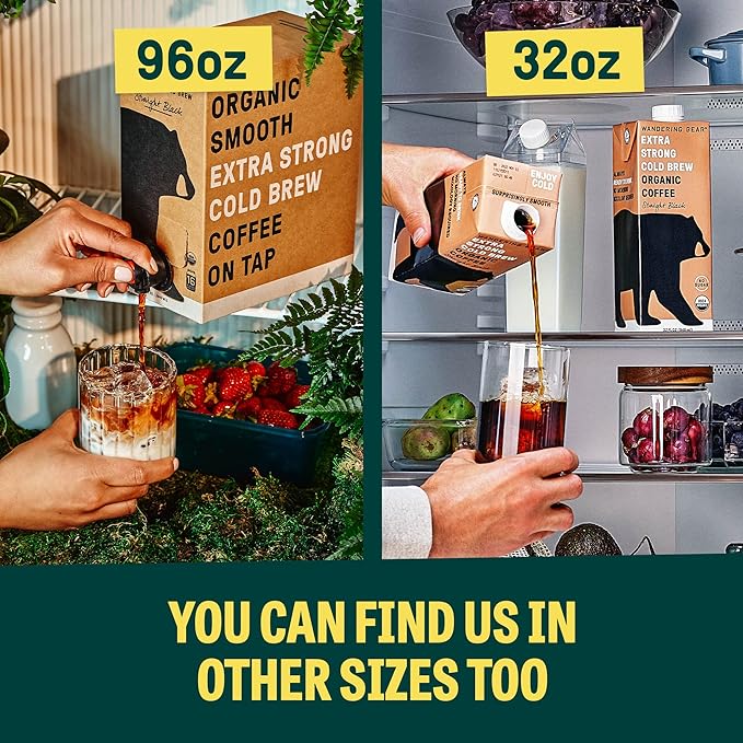 Wandering Bear Straight Black Organic Cold Brew Coffee On-the-Go, 11 fl oz, 12 pack - Extra Strong, Bold, Smooth, Unsweetened, Shelf-Stable, Ready to Drink, 100% Organic Iced Cold Brewed Coffee Drinks