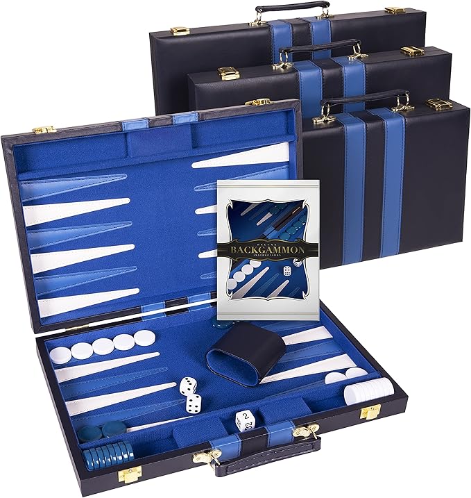 Backgammon Set 11 inch, Small - Classic Board Game for Adults and Kids with Premium Leather Case - Includes Strategy & Tip Guide (Blue)