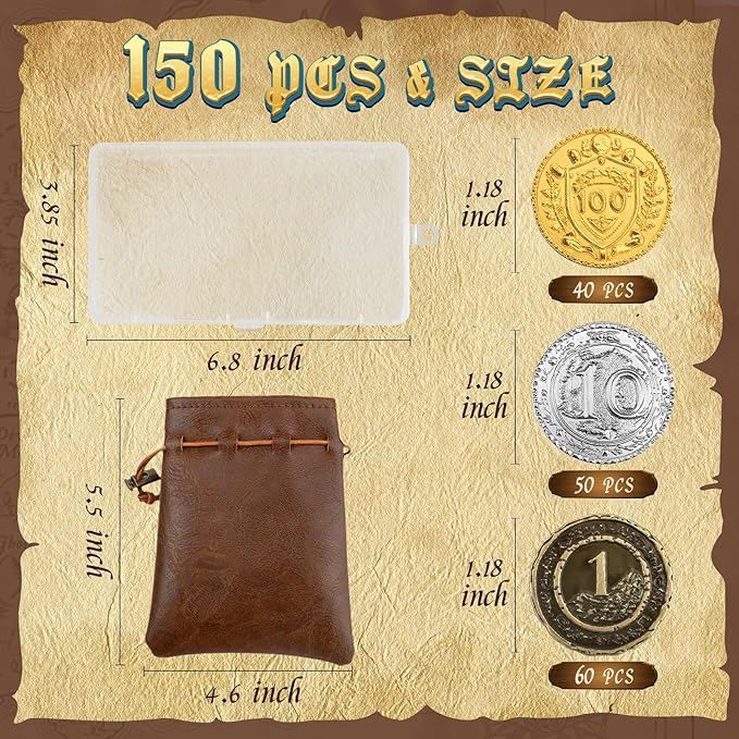 Byhoo 150 PCS Metal DND Coins, 1.2" Gold Silver Copper Tokens with Face Value for Board Game and Tabletop RPG, Fantasy Metal Coins for Pirate Game Party Cosplay