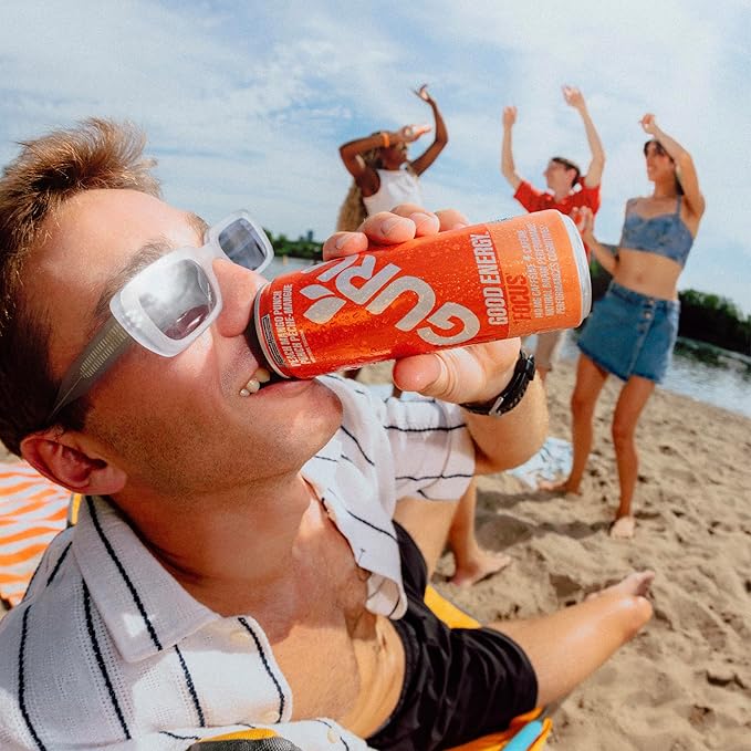 GURU Peach Mango Punch Organic Energy Drinks, Clean Energy Drink with Plant Based Natural Caffeine from Green Tea + Focus with L Theanine, Gluten Free and Vegan, 140MG Caffeine, 12oz (Pack of 12)