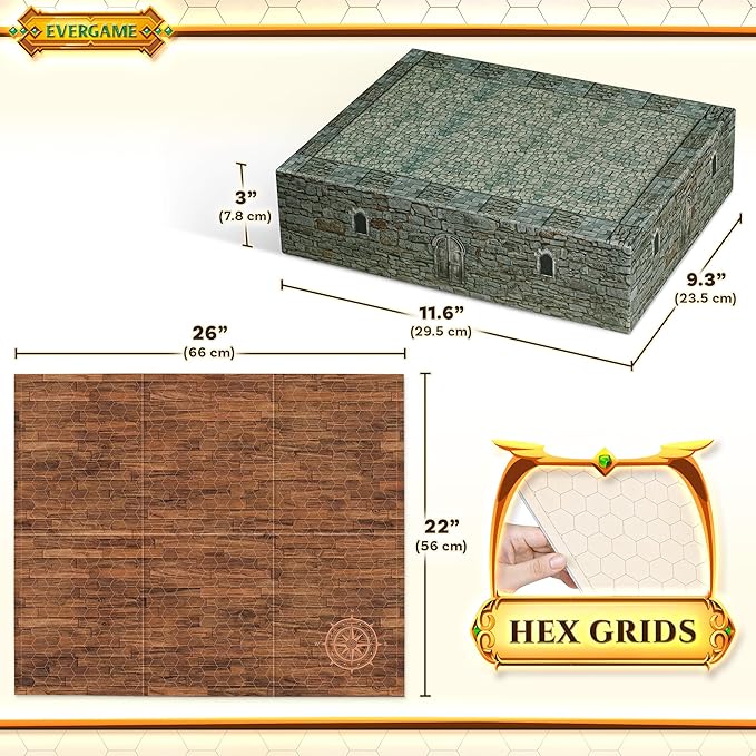 10 DND Game Mats and a lot More - Includes 6 Dungeons & Dragons Board Game Battle Maps (1" Hex Grid), Huge Size 22x26-4 3D Battle Arenas, 140+ Reusable Stickers, 4 Markers & Eraser, by EverGame