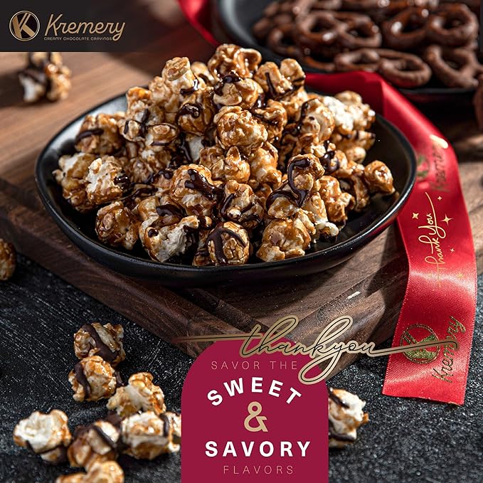 KREMERY Creamy Chocolate Cravings - Thank You Appreciation, Chocolate Covered Pretzels & Caramel Popcorn Gift Basket, in Seagrass Tray + Ribbon & Greeting Card (Deluxe, 3.5 lbs) Kosher Dairy, USA Made