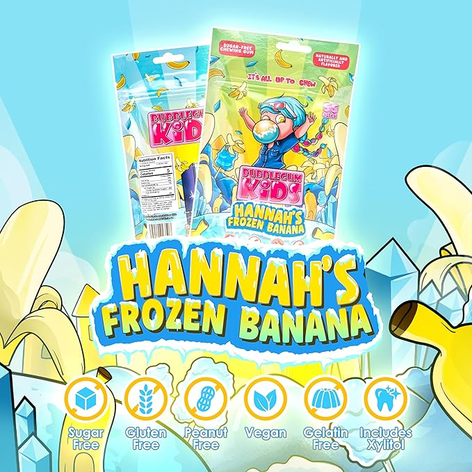 Bubblegum Kids Sugar Free Gum - For Kids and Adults - Vegan Friendly - Retro, Parent Approved Bubble Gum with Burst of Sweet Flavor - Hannah's Frozen Banana (Banana 3-Pack)