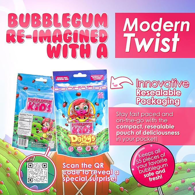Bubblegum Kids Sugar Free Gum - For Kids and Adults - Vegan Friendly - Retro, Parent Approved Bubble Gum with Burst of Sweet Flavor - Daisy's Strawberry Field (Strawberry Flavor)