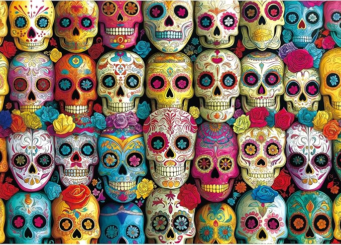 1000 Piece Jigsaw Puzzle for Adults - Vibrant Day of The Dead Sugar Skulls Colorful Mexican Folk Art Halloween Challenging 1000-Piece Puzzle 27x20 Inches Premium Adult Puzzles