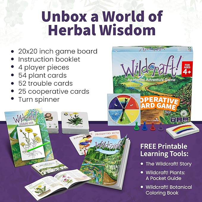 Wildcraft! an Herbal Adventure Game/Family Game: Cooperative Board Games for 4+ Year Olds Learn 25 Herbs – Coop Board Games/Educational Games w/Learning Tools, incl. Plant Guide & Coloring Book