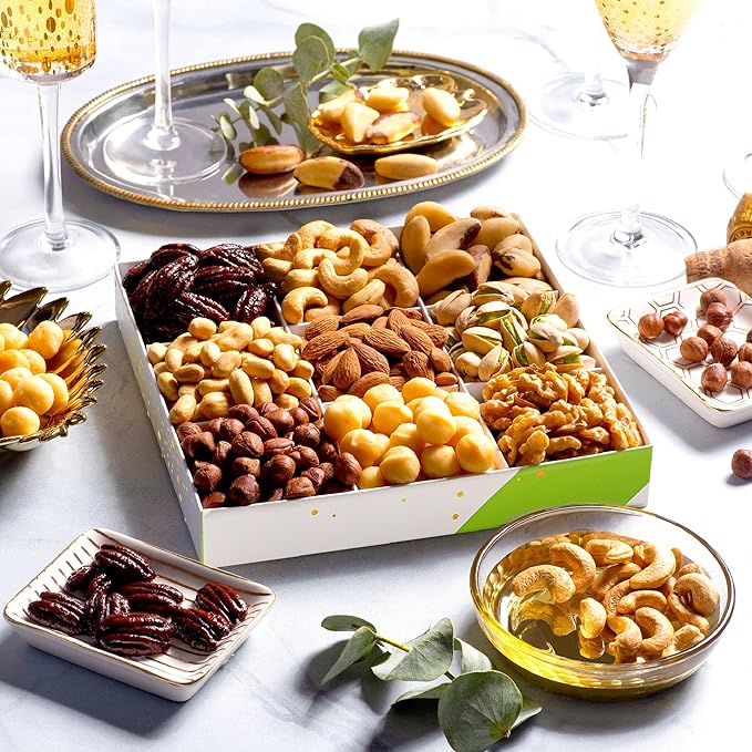 NUT CRAVINGS - Mixed Nuts Gift Basket in White Gold Box (9 Assortments) Food Arrangement, Healthy Snack Care Package, Kosher