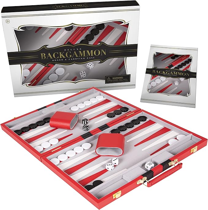 Backgammon Set 11 inch, Small - Classic Board Game for Adults and Kids with Premium Leather Case - Includes Strategy & Tip Guide (Red)