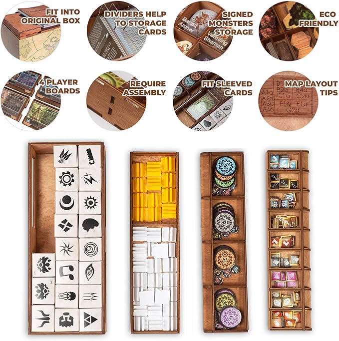 SMONEX Wooden Organizer and Four Player Boards Compatible with Gloomhaven Board Game - Box Suitable for Storage All Gloomhaven Expansions - Insert and Storage
