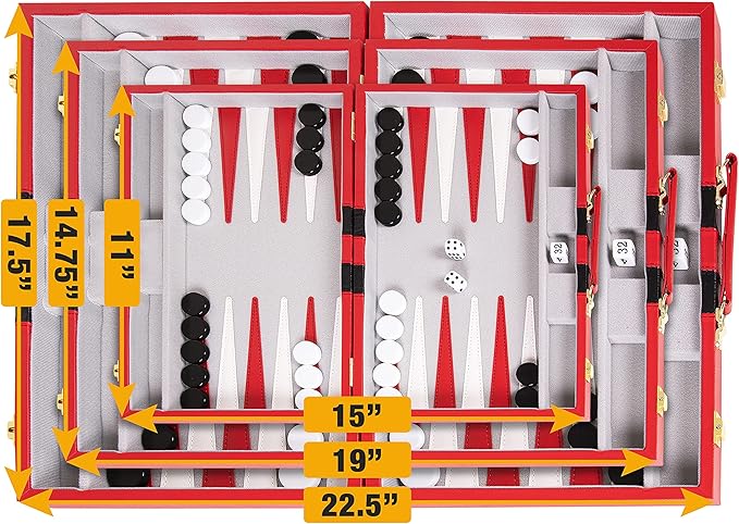 Backgammon Set 11 inch, Small - Classic Board Game for Adults and Kids with Premium Leather Case - Includes Strategy & Tip Guide (Red)