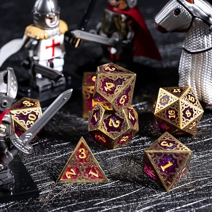 Cusdie 7-Piece Metal Frame Sharp Edges DND Dice Set with Metal Frame- Perfect for Tabletop RPGs Board Games Gifting and Collecting(Purple)