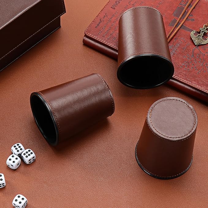 10x Dice Cup Set, PU Leather Dice Shaker Cups with 50 Dices for Bar Party Yahtzee Farkle Dice Games, Coffee (10, Brown)
