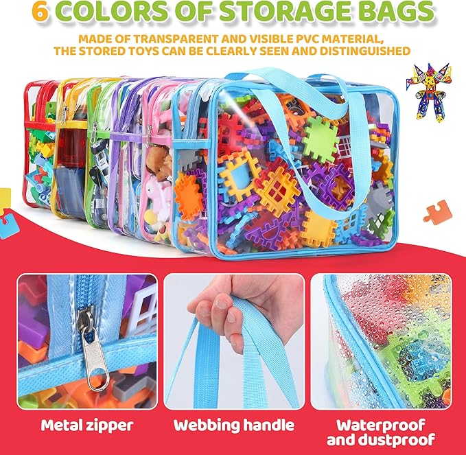 6 Packs Large Toy Storage Bags,Clear Waterproof PVC Toy Storage Organizer with Zipper,Reusable Travel kids Organizer Bags for Board Game,Building Blocks and Puzzles,Colorful