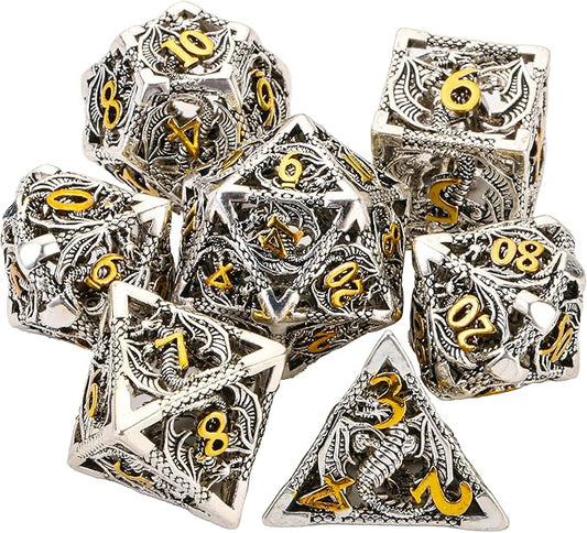 Metal DND Dice Set Dungeons and Dragon Dice Set Hollow Dragon Polyhedral Magic 7 PCS Dice Set with Gift Metal Box for Dungeons and Dragons Table Games Play Cards MTG(Dragon_Ancient Silver and Gold)