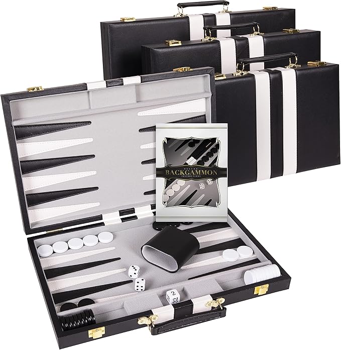 Backgammon Set 11 inch, Small - Classic Board Game for Adults and Kids with Premium Leather Case - Includes Strategy & Tip Guide (Black)