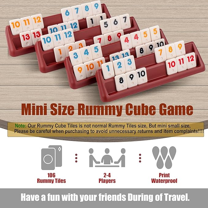 Smilejoy Mini Rummy Cube 4 Players Edition,Travel Rummy Game Set with Portable Canvas Bag,Classic Board Game for Adults and Kids |106 Tiles | 4 Playing Racks |1 Dice | (2-4 Player) 