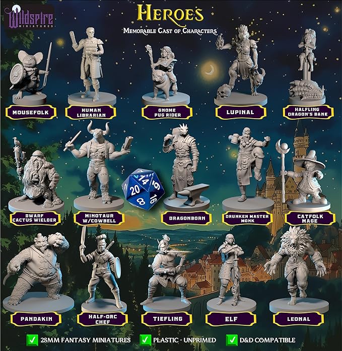 Heroes, NPC Animal Companions & Troll King for DND Miniatures Bulk 28mm-32mm Unpainted Paintable Dungeons and Dragons Minis Pathfinder Figures for Fantasy Tabletop Roleplaying Games like D&D