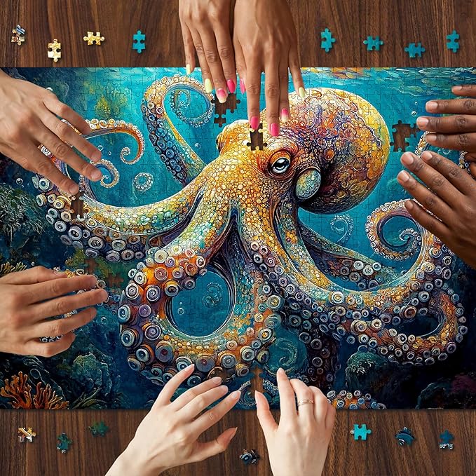 1000 Piece Puzzle for Adults - Deep Blue Octopus Jigsaw Puzzle, Intricate Underwater Art, Adult Challenge, Includes Poster & Storage Box