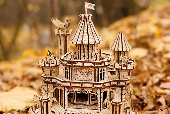 Wood Trick Dragon Castle Movable Wooden 3D Puzzles for Adults and Kids to Build - Red LED - Greensleeves Melody - Towers Rotating - Engineering DIY Project Mechanical Model Kits for Adults