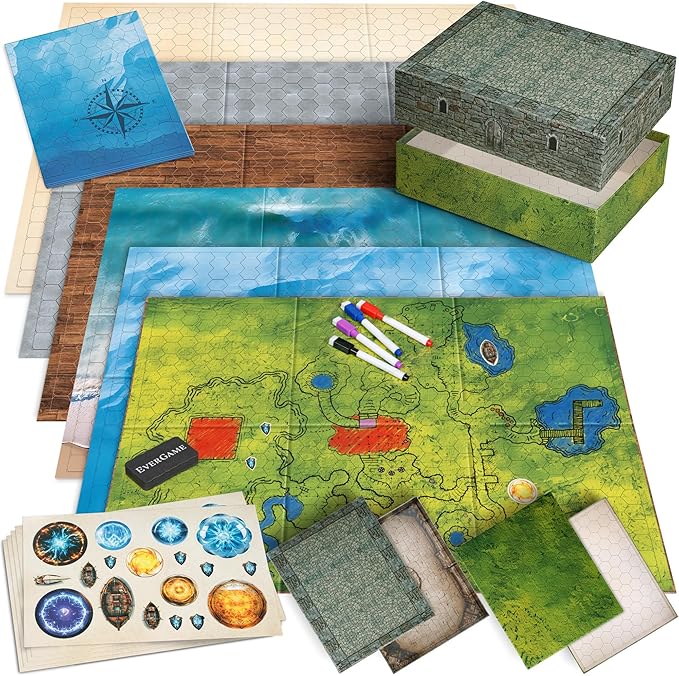 10 DND Game Mats and a lot More - Includes 6 Dungeons & Dragons Board Game Battle Maps (1" Hex Grid), Huge Size 22x26-4 3D Battle Arenas, 140+ Reusable Stickers, 4 Markers & Eraser, by EverGame