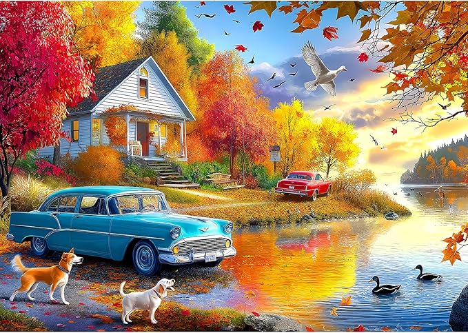 500 Piece Puzzles for Adults Autumn Lakeside House Jigsaw Puzzles for Adults Fall Village Landscape Jigsaw Puzzles 500 Pieces Challenging Family Puzzle for Women Men Seniors Size is (21"x15")