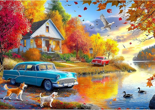 500 Piece Puzzles for Adults Autumn Lakeside House Jigsaw Puzzles for Adults Fall Village Landscape Jigsaw Puzzles 500 Pieces Challenging Family Puzzle for Women Men Seniors Size is (21"x15")