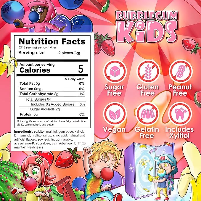 Bubblegum Kids Sugar Free Gum - For Kids and Adults - Vegan Friendly - Retro, Parent Approved Bubble Gum with Burst of Sweet Flavor - Daisy's Strawberry Field (Strawberry 6-Pack)