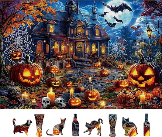 Halloween Jigsaw Puzzles 500 Pieces for Adults - Spooky Haunted House Puzzle with Jack-O-Lanterns, Bats & Full Moon - 500 Piece Puzzles for Adults, Families & Seniors - 23"x15"