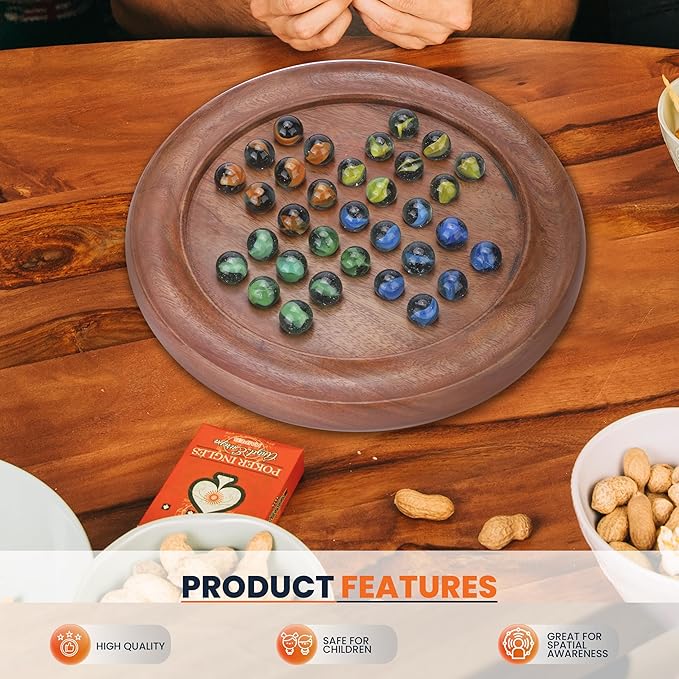 Ajuny Classic Solitaire - Handcrafted Wooden Board Game with 4-Color Marbles, Vintage Indian Design - Ideal for Family Fun & Home Decor