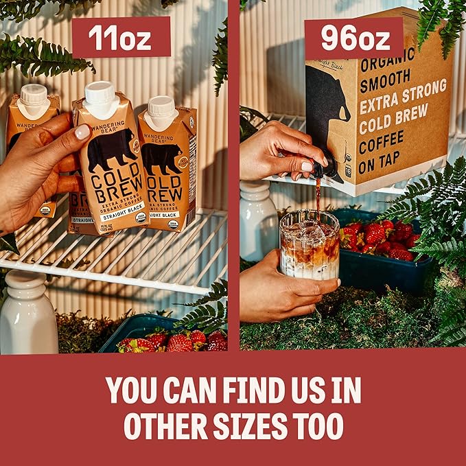Wandering Bear Organic Mocha Cold Brew Coffee, 32 fl oz, 6 pack - Extra Strong, Bold, Smooth, Unsweetened, Shelf-Stable, Ready to Drink, Gluten Free, & Vegan, Iced Cold Brewed Coffee Drinks