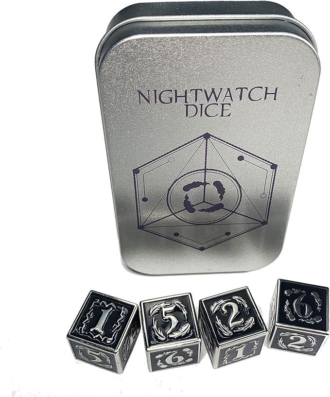 Metal Dice Set Collection for DND and All TRPG Games (Nightwatch, Silver 4D6)