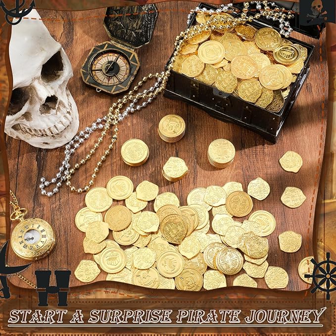 Hanaive 100 Pcs Metal Pirate Coins Bulk Gold Fake Coins Spanish Doubloon Tokens for Kids Board Games Pirate Party Cosplay(Irregular and Round)