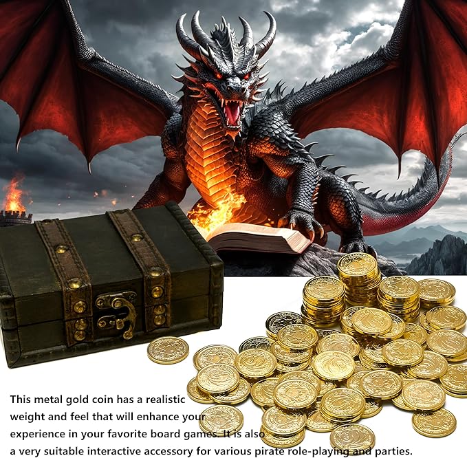 Dragon Gold Metal Pirate Coin-110 Coin Treasure Set, Suitable for Board, Tokens, Simulated Currency, Treasure chests, for and DND Metal Tokens for Dungeons and Dragons (Gold 110 Pieces)