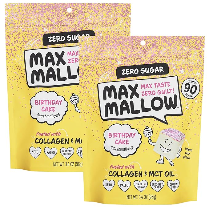 Max Mallow Sugar Free Marshmallows - Keto Friendly, Perfect for S'mores, Hot Chocolate, and Baking with Zero Sugar Snacks, Smores Mct Oil Zero Sugar Marshmellow Marshmallow Birthday Cake, 2 Pack