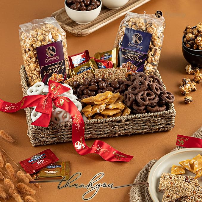 KREMERY Creamy Chocolate Cravings - Thank You Appreciation, Chocolate Covered Pretzels & Caramel Popcorn Gift Basket, in Seagrass Tray + Ribbon & Greeting Card (Deluxe, 3.5 lbs) Kosher Dairy, USA Made