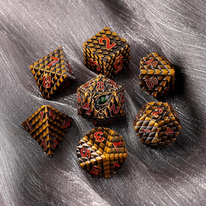 Metal Dice Set D&D,7 PCS Dragon Scale Metallic DND Dice Set,Dragon Eye Metal Dice with Gift Metal Box for Dungeons and Dragon Tabletop Game (Yellow Dragon Scale & Green Eye)