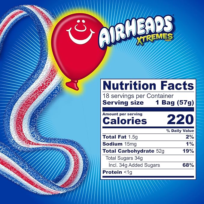 Airheads Xtremes Belts, Halloween Trick or Treat Sweetly Sour Candy, Bluest Raspberry, Non-Melting, Movie Theater, 2 oz, 18 Count (Pack of 1)