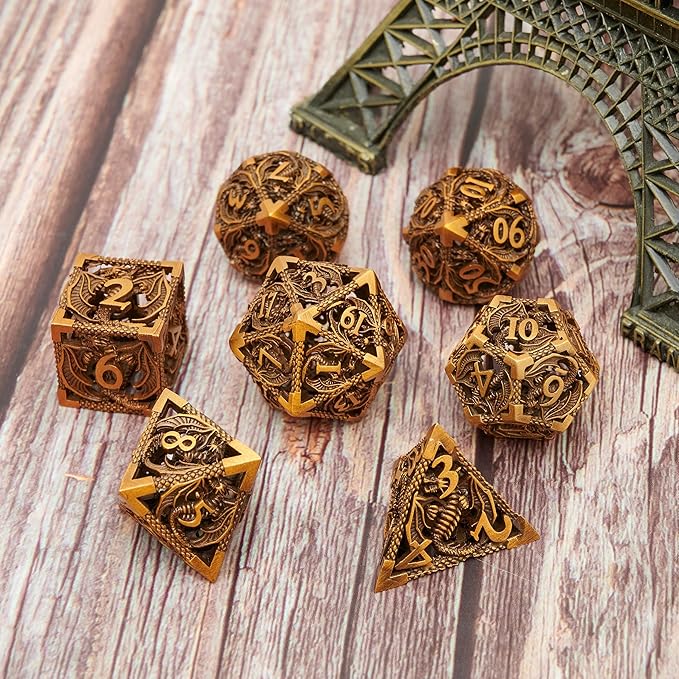 Metal DND Dragon Dice Set Dungeons and Dragons for Role Playing Games (RPG) MTG Pathfinder Tabletop Games(Ancient Gold)