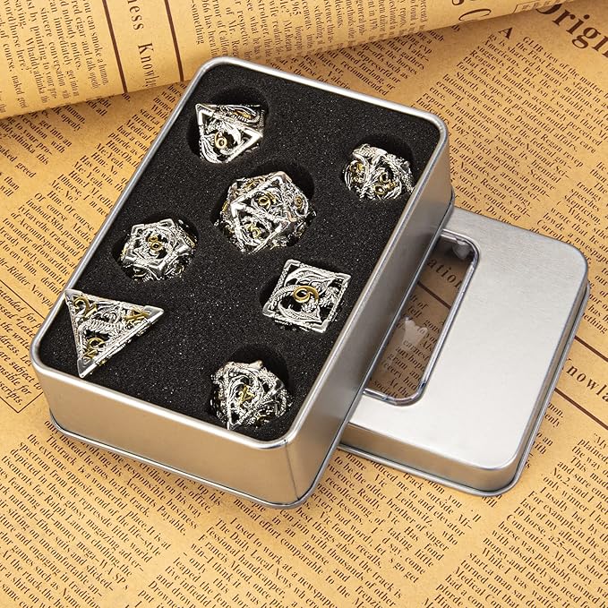 DND Dice,Hollow D&D Metal Dice,Dungeons and Dragons Dice Set with Gift Box,7 PCs Steampunk Polyhedral Dice Games Set for RPG,MTG,Pathfinder,(Dragon Silver Golden)