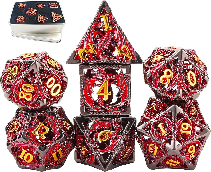 Metal DND Dice Set Dungeons and Dragon Dice Set Hollow Dragon Polyhedral Magic 7 PCS Dice Set with Gift Metal Box for Dungeons and Dragons Table Games Play Cards MTG(Dragon_Black Red Plus Gold)