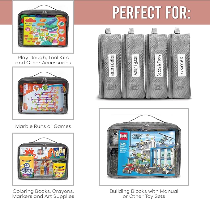 Toy Storage Bag, On the Go Toy Storage Organizer, Car Toy Organization, Blocks Travel Bag, Activity Bags for kids, Traveling Carrying Case, Storage Organizer (Large 3 pc Grey Bags)