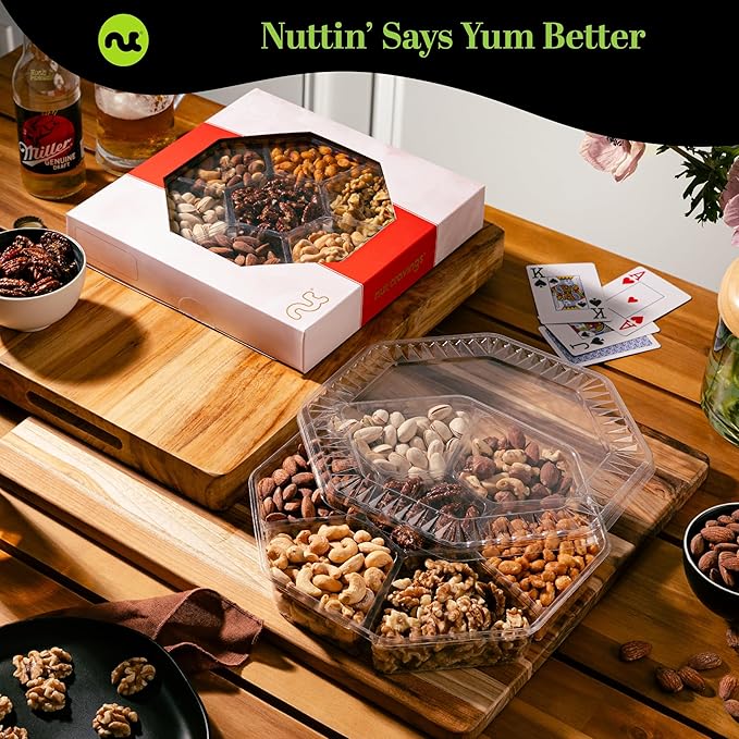 NUT CRAVINGS - Mixed Nuts Gift Basket in Red Gold Box (7 Assortments, 2 LB) Food Arrangement, Healthy Snack Care Package, Kosher