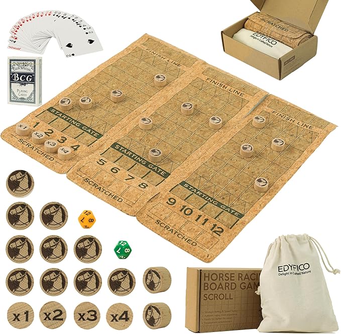 Portable Horse Race Board Game, Travel Dice Game with Cork Board, 12 Horses, Poker, Canvas Bag, Fair Horse Racing Game, Easy Carry, Parties, Family Nights, Travel, Outdoors, Edyfico GSM101