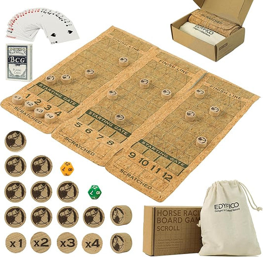 Portable Horse Race Board Game, Travel Dice Game with Cork Board, 12 Horses, Poker, Canvas Bag, Fair Horse Racing Game, Easy Carry, Parties, Family Nights, Travel, Outdoors, Edyfico GSM101