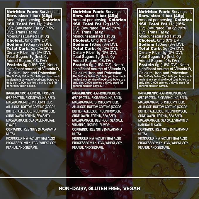 Blueprint by Bryan Johnson Macadamia Nut Protein Bars – Variety Pack Protein Bars - Lemon, White Cocoa & Raspberry – Vegan, Low Sugar, Keto-Friendly Snacks – Non-GMO, Raw Nut Bar– 9g Protein – 12 Pack