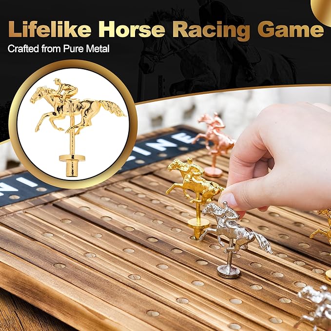 Horse Race Board Game Racing Game - Solid Wood Race Game Board with Dice, 2 Playing Card Decks, and Suede Carry Bag - Large 21 x 12 inch Horse Racing Board Game with 11 Premium Metal Horses