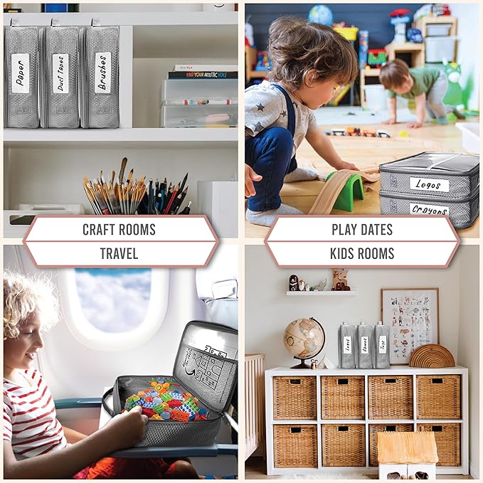 Toy Storage Bag, On the Go Toy Storage Organizer, Car Toy Organization, Blocks Travel Bag, Activity Bags for kids, Traveling Carrying Case, Storage Organizer (Large 4pc Beige Bags)