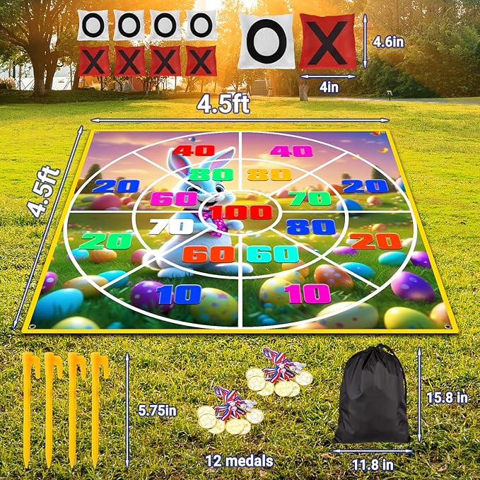 2-in-1 Outdoor Games Large Bunny Egg Bean Bag Toss & Giant Tic Tac Toe 4.5Ft, Double-Sided Lawn Yard Game for Kids Adults, Easter Party, Camping Backyard Carnival Field Day, Family Reunion Fun