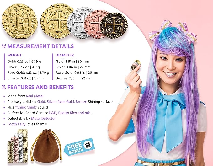 Large Metal Pirate Coins - 100 Bronze, Silver, Gold & Rose Gold Treasure Coin Set - Metal Replica Spanish Doubloons for Board Games, Tokens, Cosplay, Treasure Chest - M, L, XL, XXL Sizes Mix