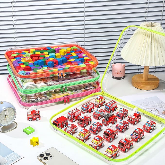 Hoolerry 4 Pcs Hard Clear Zipper Case Transparent Cases for Snacks Makeup Bag Plastic Storage Box Containers for Building Blocks, Puzzles, Cosmetics(Fluorescent,13.8 x 11.8 x 2 in)